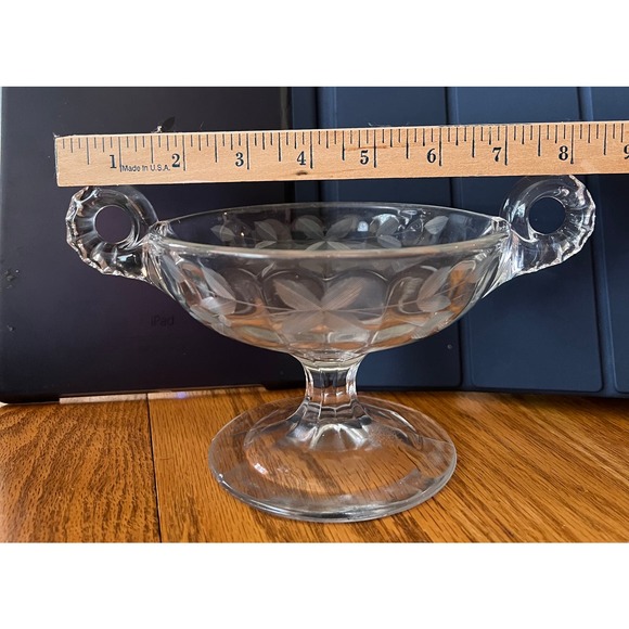 Double Handled Etched Pressed Glass Compote Candy Dish - Picture 3 of 9
